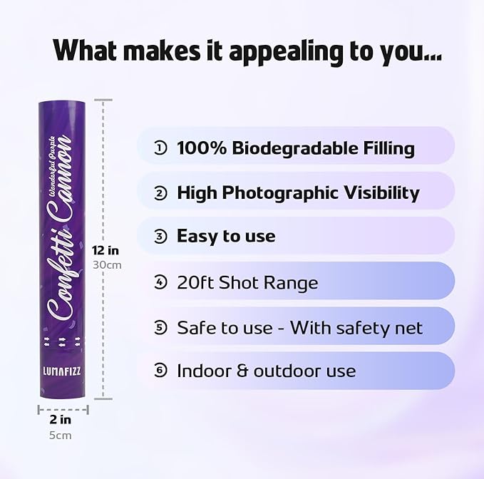 [6 Pack] 12 Inch Biodegradable Purple Confetti Poppers | Confetti Cannons for Wedding Celebration, Birthday PartyChristmas Eve and New Year Celebration