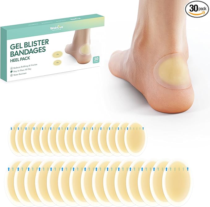 Gel Blister Hydrocolloid Bandages - Welnove 30ct Blister Cushions (Heel Pack) - Blister Bandages for Heel, Toe & Foot - Blister Pads for Prevention & Recovery - Water Resistant