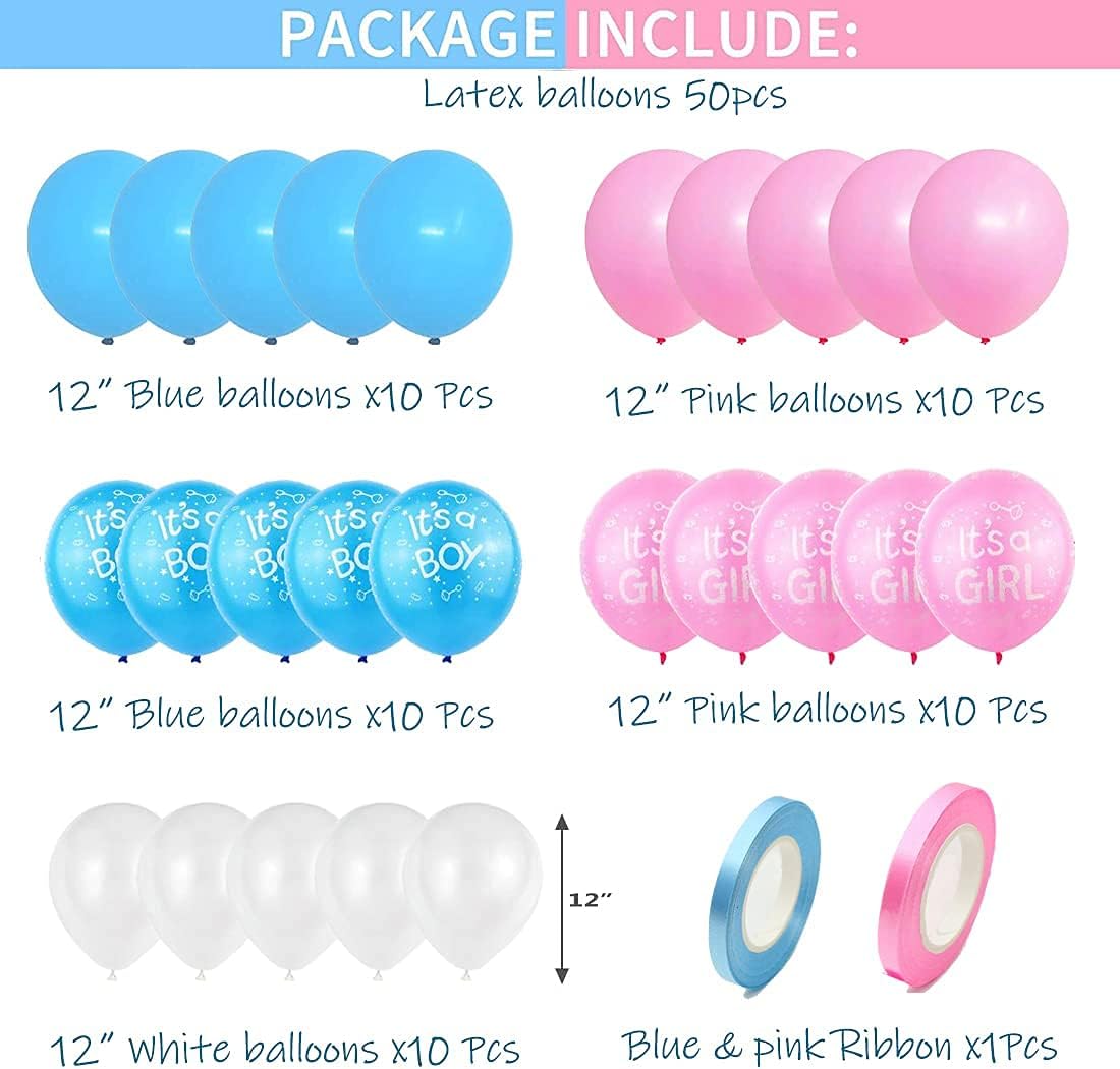 Gender Reveal Balloons, 50 Pcs Pink Blue White Latex for Baby Shower Decorations