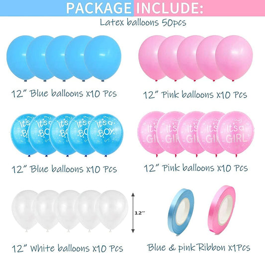 Gender Reveal Balloons, 50 Pcs Pink Blue White Latex for Baby Shower Decorations