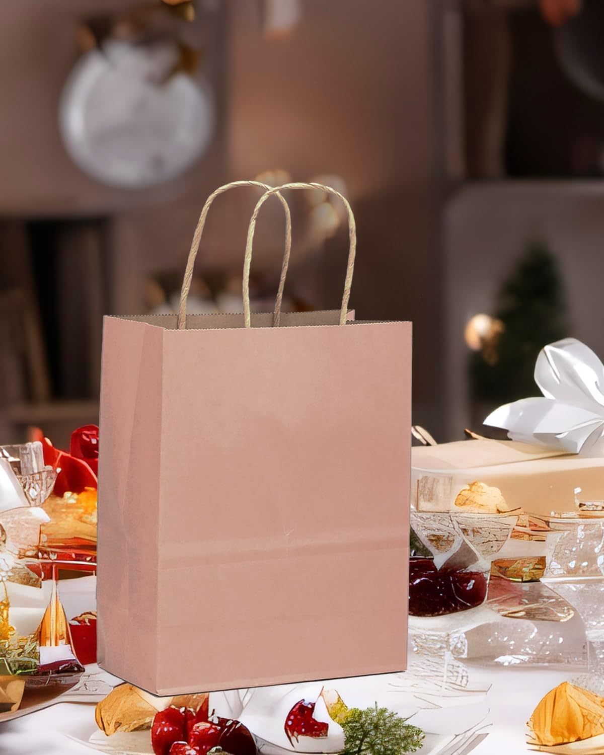 qiqee 100PCS Gift Bag with Handles Bulk Dusty Pink Paper Bags Multiple Uses (11"x5"x8" Medium Size)