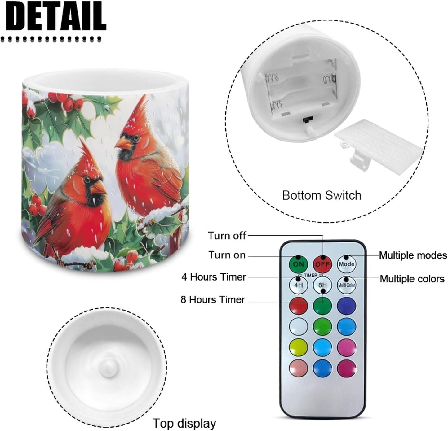 Poceacles Flameless LED Candles 4 Pack with Remote Control, Battery-Powered, Flickering Effect, with 12 Color Changing, Realistic LED Pillar Candles for Christmas, Red Cardinal Bird Holly Print