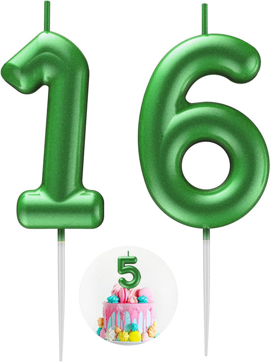 Green Number 16 Candle Happy Birthday 3D Number Candles for Birthday Cake Party Decoration Wedding Anniversary Celebration Supplies
