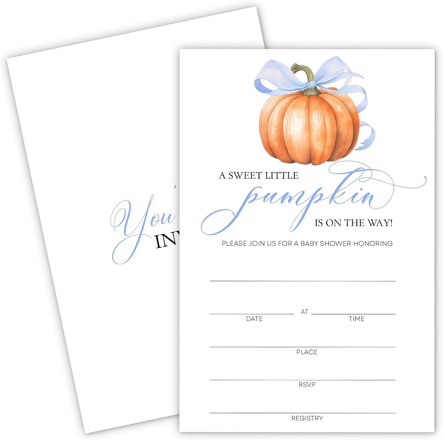 Blue Pumpkin Baby Shower Invitations - “A Sweet Little Pumpkin Is On The Way” Design with Envelopes And RSVP Cards - 20Pcs Fill In Baby Shower Party Cards(4 x 6 Inch) (043)