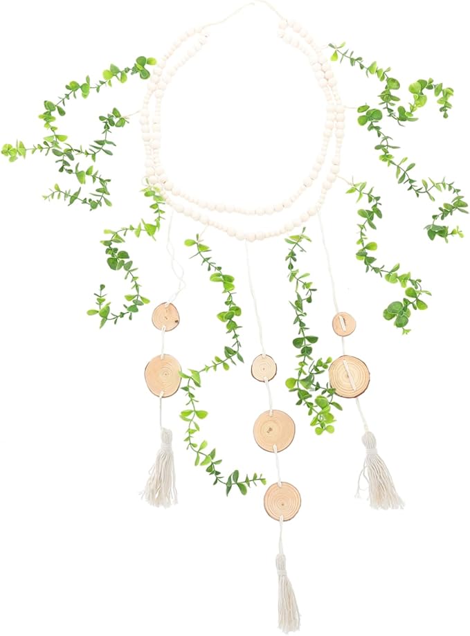 Hanging Photo Display Wall Decor Wooden Beads Garland Stylish Eucalyptus Leaves Design Versatile Picture Holder for Bedroom and Living Room Decor