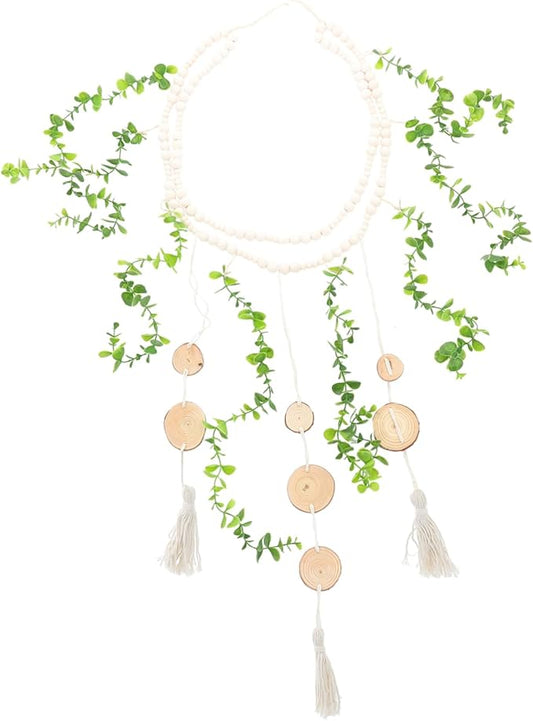 Hanging Photo Display Wall Decor Wooden Beads Garland Stylish Eucalyptus Leaves Design Versatile Picture Holder for Bedroom and Living Room Decor