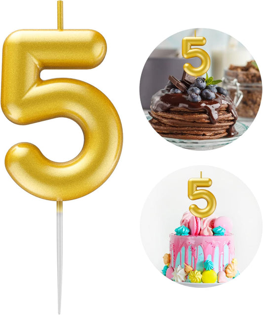 Gold Number 5 Candle Happy Birthday 3D Number Candles for Birthday Cake Party Decoration Wedding Anniversary Celebration Supplies