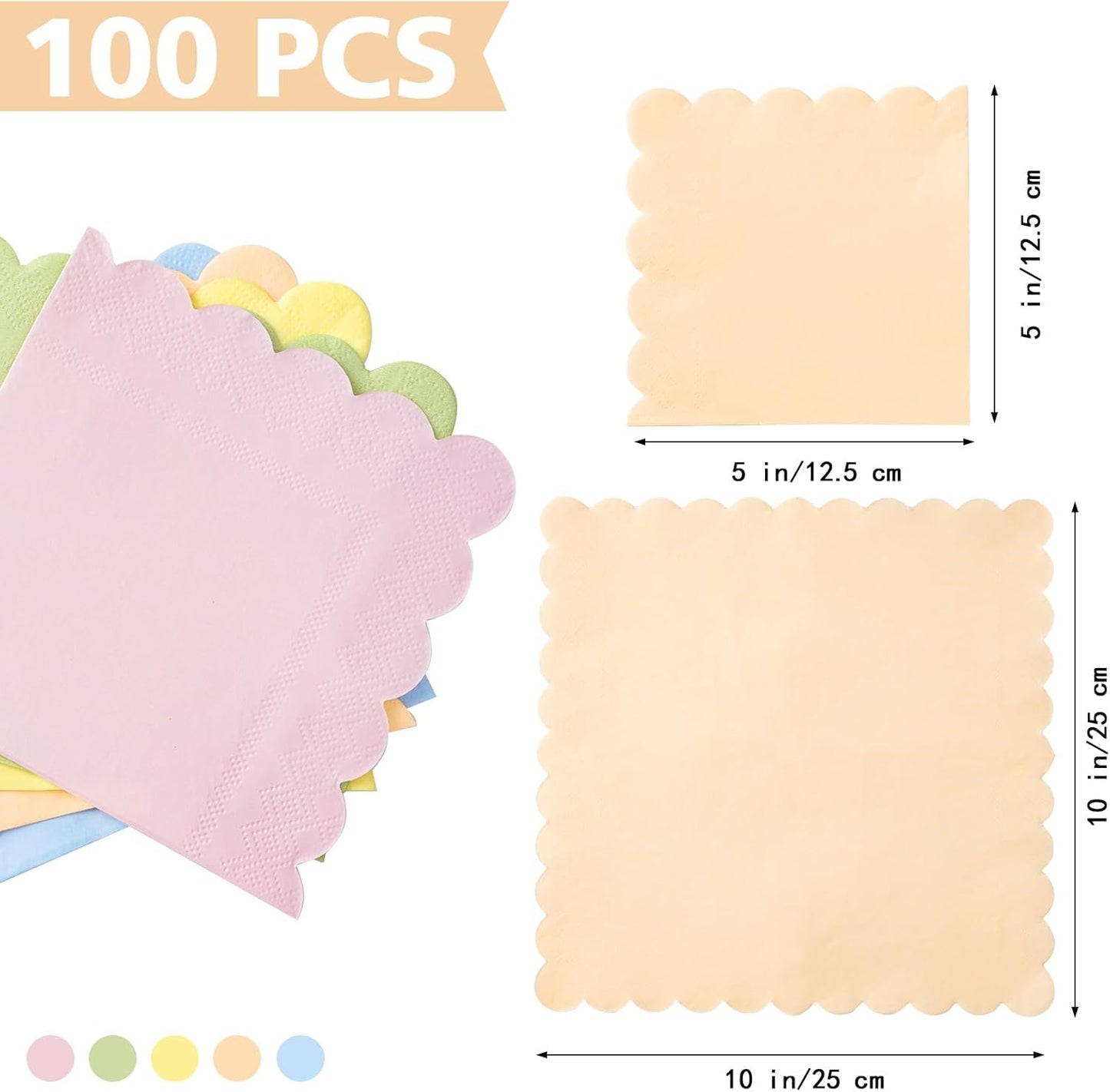 100 Pastel Rainbow Scalloped Cocktail Napkins, 3 Ply 5 x 5 Inch Beverage Napkins Paper Napkins Disposable Luncheon Napkins for Wedding Birthday Party Bridal Anniversary Baby Shower