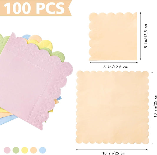 100 Pastel Rainbow Scalloped Cocktail Napkins, 3 Ply 5 x 5 Inch Beverage Napkins Paper Napkins Disposable Luncheon Napkins for Wedding Birthday Party Bridal Anniversary Baby Shower