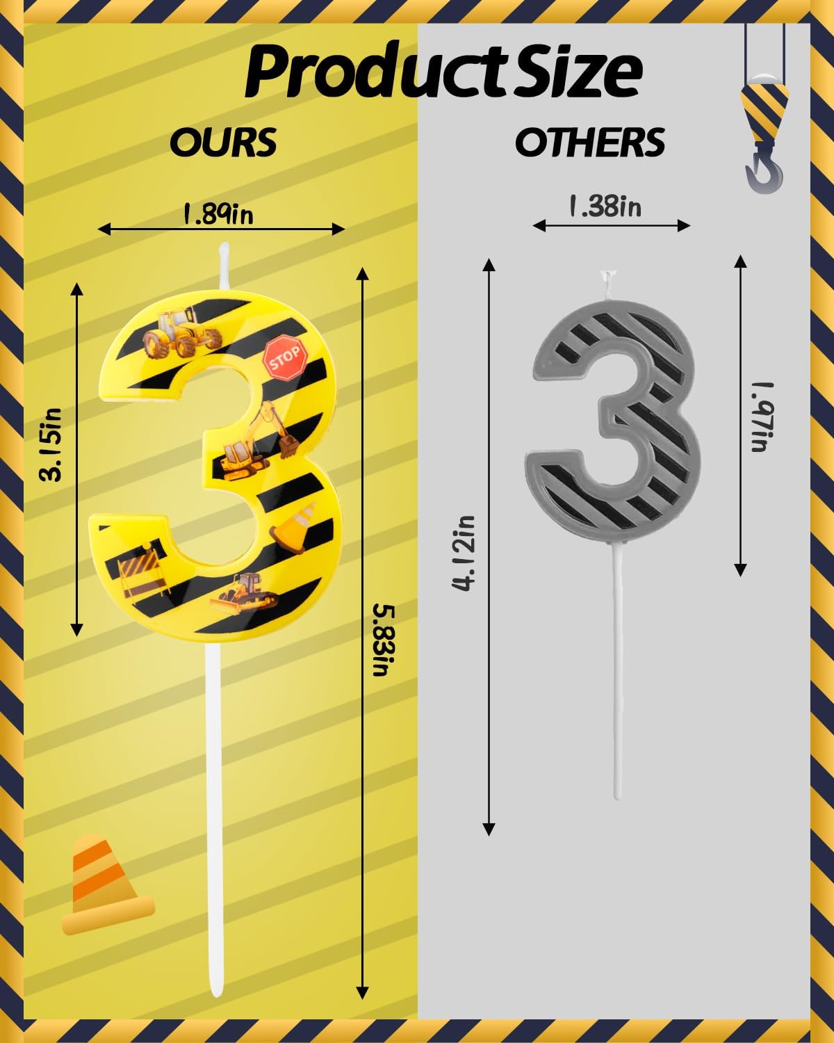 Number 3 Construction Birthday Candle, 2.68 Inch Yellow and Black Striped Candle, Birthday Candles Numbers Construction Cake Topper for Boys Girls, Construction Birthday Party Supplies Decorations