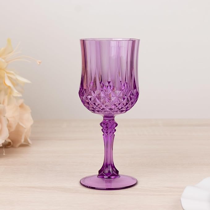 Efavormart 6-Pack Plastic Wine Glasses 8oz, Purple - Crystal Cut Shatterproof Cocktail Goblets Drinking Glasses