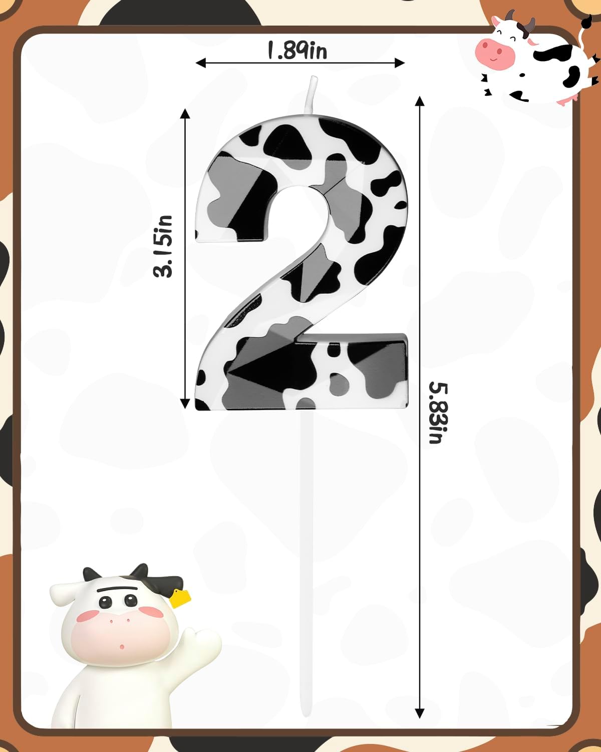 Number 2 Black Cow Birthday Candles，2.68 inch Metallic 3D Cow Birthday Candles, Cow Themed Cake Topper Decorations for Birthday Party Anniversary Celebration Supplies