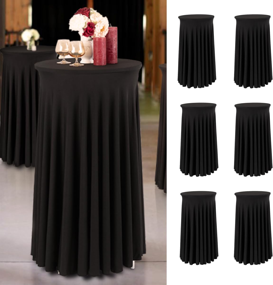 Your Magic Moment Black Round Tablecloth Set of 6, 23.6 Inch Diameter x 43.3 Inch Height, Polyester/Spandex, Fitted, Elegant Wavy, Cocktail Party