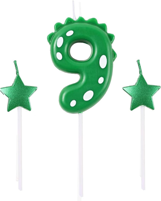 2.75 Inch Green Dinosaur Shaped 9 Number Birthday Candles and Star Birthday Candles,Suitable for Dinosaur Birthday Decorations & Themed Parties Celebration