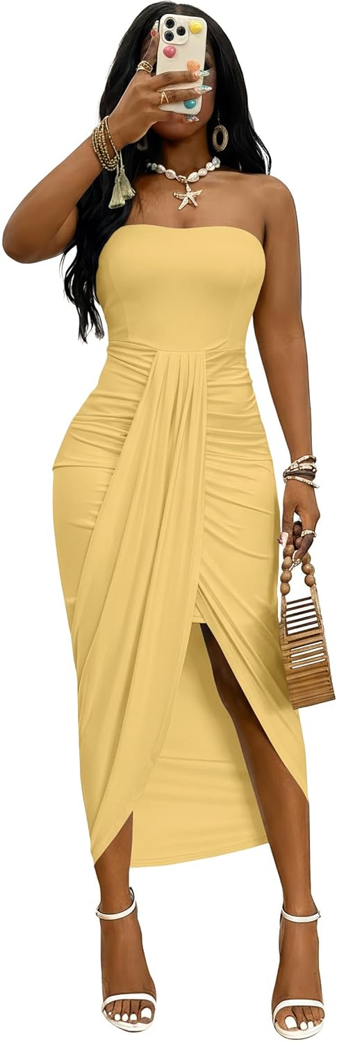 Umenlele Women's Strapless Ruched High Waist Wrap Split Asymmetrical Beach Maxi Long Dress