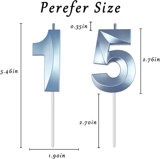 Blue Number 15 Candles, 3D Diamond 2.76 Inch Cake Topper Birthday Candles for Wedding Anniversary Cake Decorations, Happy Birthday Party Decorations