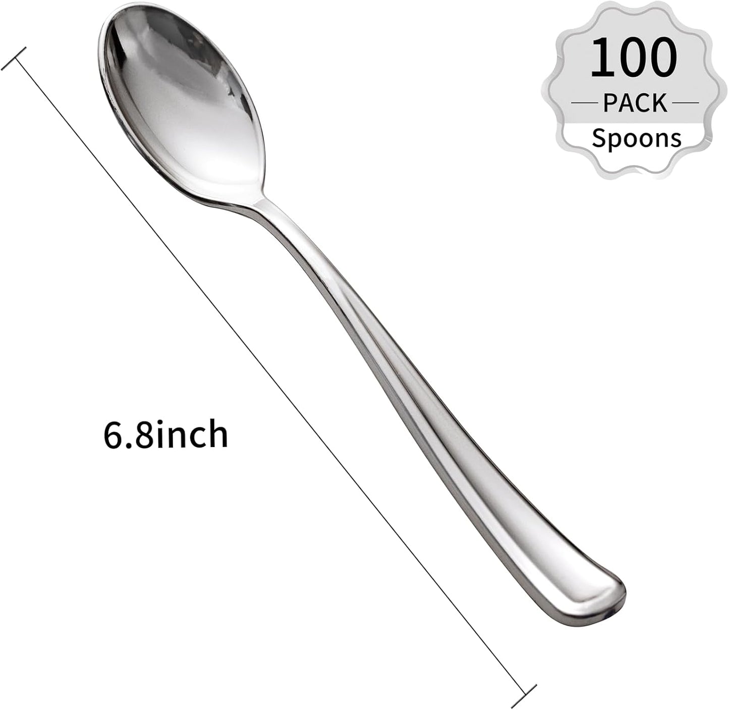 WDF 100 Pack Silver Plastic Spoons Disposable - 6.9 Inch Silver Spoons Heavy Duty Plastic Spoons, Modern Silver Disposable Spoons Perfect for Christmas Parties, Weddings