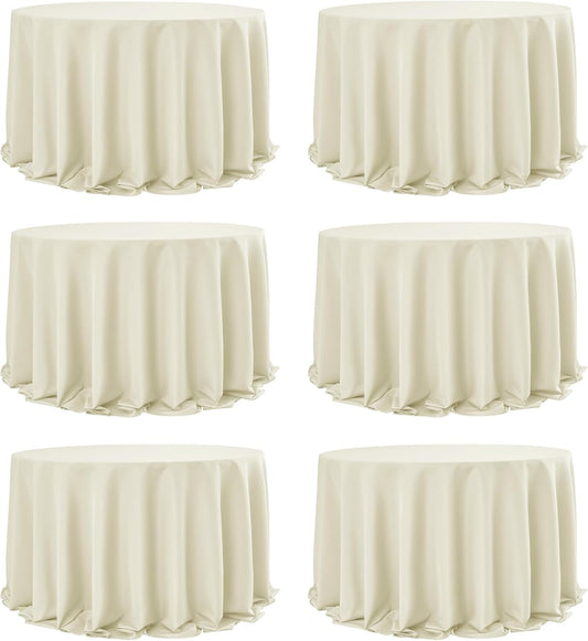 6-Pack Ivory Round Tablecloths, 132 Inches, Stain-Resistant Polyester for 6-8 Ft Round Tables - Washable Table Covers for Weddings, Banquets, Birthday Parties, Events
