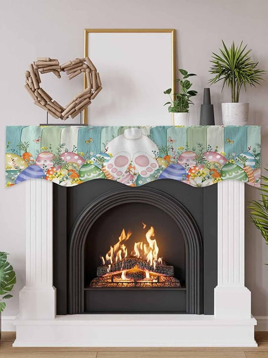 Cute Easter Bunny Fireplace Mantel Scarf Table Runner, Eucalyptus Leaves Colorful Eggs Wooden Winter Garland Mantel Top Tablerunners Dresser Scarves Cover for Windows Party Living Room 60''x17''