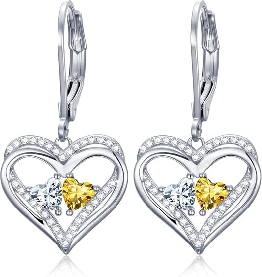 Valentines Day Gifts for Women, Heart Leverback Earrings Double Birthstone Dangle Earrings for Women, Love Jewelry for Her, Anniversary Birthday Gift for Mom Wife Girlfriend