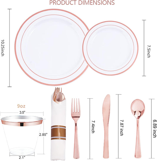 WELLIFE 350 Pieces Rose Gold Plastic Dinnerware, 50 Guests Disposable Plates with Rose Gold silverware and Cups, 50 Pre Rolled Napkins with Cutlery, Perfect for Wedding and Party