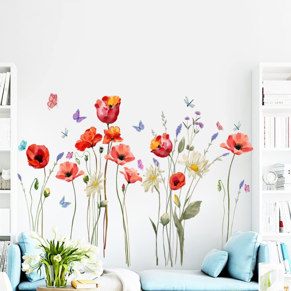 Runtoo Poppy Flowers Art Stickers Butterfly Floral Wall Decals for Living Room Bedroom Decor