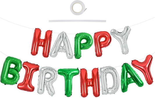 TONIFUL Red Green Silver Happy Birthday Balloons Banner,16 Inch Mylar Foil Birthday Sign Banner for Girls Boys Kids & Adults Birthday Decorations Christmas Party New Year's Eve Supplies