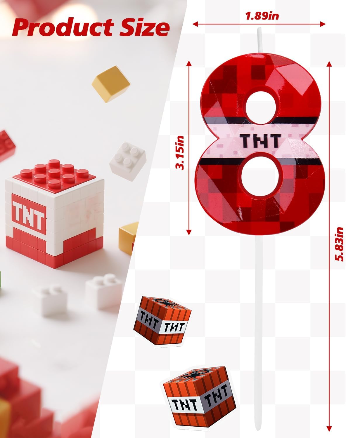 Pixel Birthday Candle, 2.68 Inch Miner Number Candles, Game Themed Candle Birthday Decoration for Pixel Theme Birthday Anniversary Dynamite Video Game Party (Red, 8)