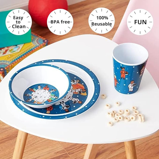 3 Piece Kids Dinnerware Set, Space Themed, BPA-Free Melamine, Multicolor, Toddler Feeding Set