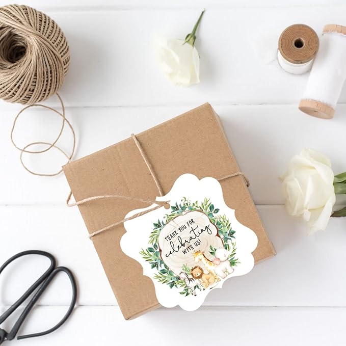 Andaz Press Fancy Frame Kids Party Favor Thank You Tags with String, 48-Pack Safari Animals Birthday Gift Tags For Gift Bags, Favor Bags, Goody Bags, Boys, Girls, Baby Shower 1st Birthday Party Favors