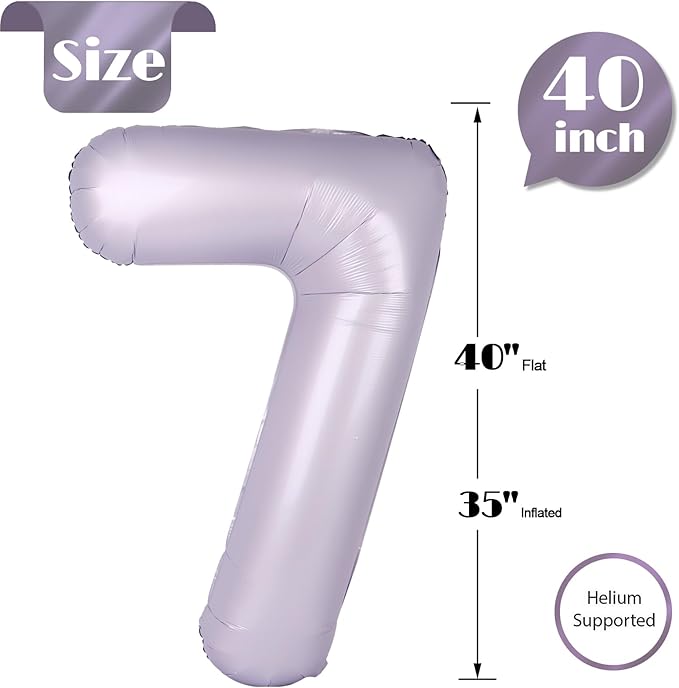 Lilac 7 Balloon, Number Balloons 40 Inch, Lavender 7th Birthday Decorations for Girls Kids, Party Decoration for Women, Number 7 Balloon