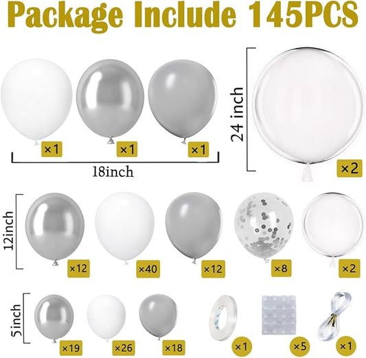 KARLURE White Silver Balloon Arch Kit Garland with Grey Clear Balloons for Birthday Engagement Wedding Baby Shower Confirmation Prom 25th Anniversary Decorations