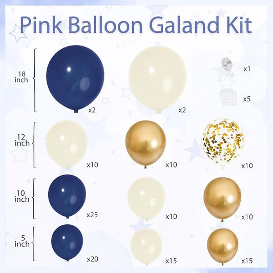 Blue and Gold Balloons Arch Kit, Navy Dark Blue Latex Balloon Arch Kit with Chrome Gold Sand White Balloons Garland and Gold Confetti Balloons for Wedding Boy Birthday Gender Reveal Party Decoration