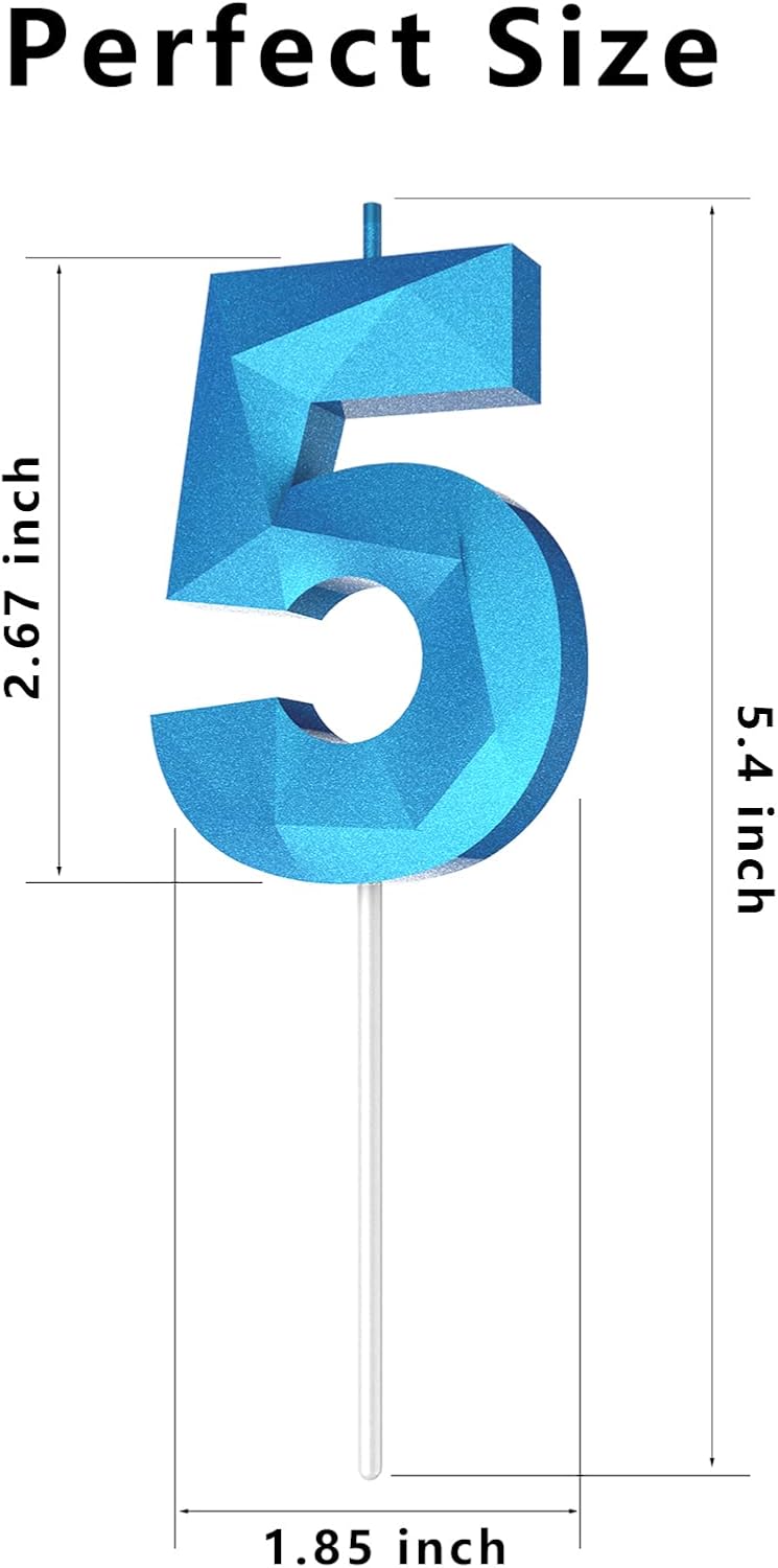 Number Birthday Candles(5 Candle Blue) 3D Diamond Shape Number Happy Birthday Cake Candles for Birthday Party Wedding Decoration Reunions Theme Party