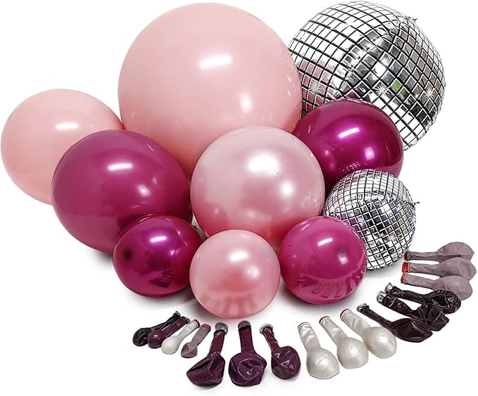 Purple Pink Balloon Arch Double Stuffed Burgungy Pink Pearl Balloons Plum Silver Disco Balloon Garland for Birthday Prom Bridal Shower Mother’s Day Wedding Music Theme Party Decoration