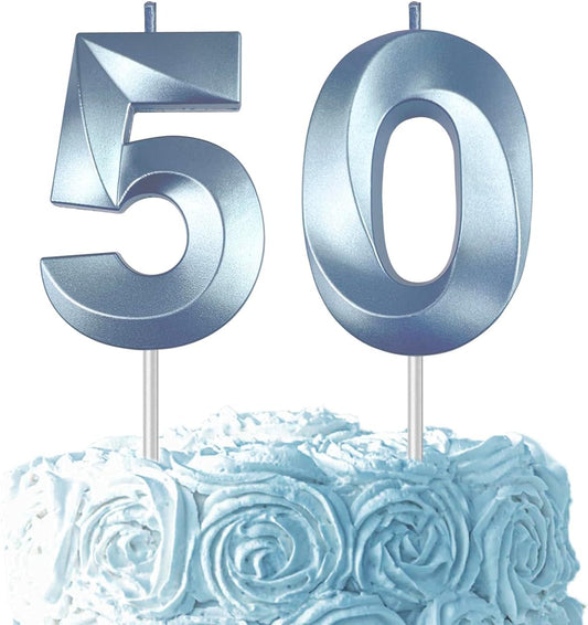 Blue Number 50 Candles, 3D Diamond 2.76 Inch Cake Topper Birthday Candles for Wedding Anniversary Cake Decorations, Happy Birthday Party Decorations