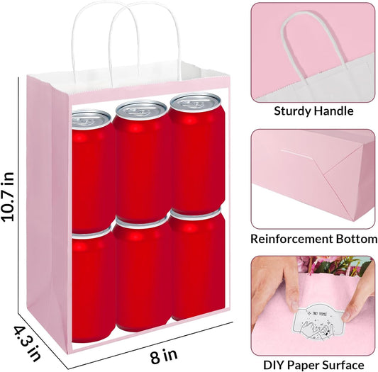 SUNEE Gift Bags with Handles 8x4.3x10.7, 100 Pcs Paper Bags Medium Size Bulk for Gift Wrapping, Retail, Party Favors and Small Business - Pink