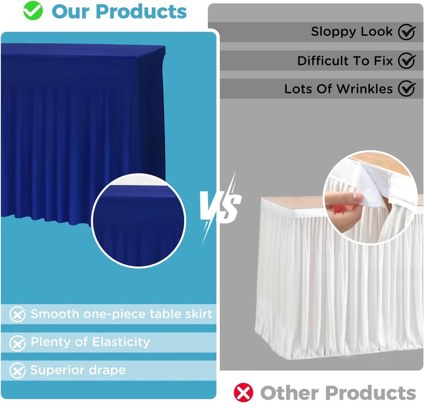 Table Skirts for 8ft Rectangle Tables - 2PCS Blue Table Covers for 8 Foot Tables, Wrinkle Resistant Ruffles Elastic Table Cloths and Table Skirt for Banquets/Weddings/Parties/Birthday