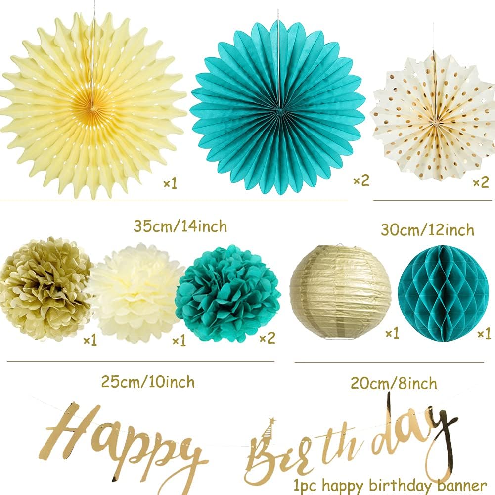 SUNBEAUTY Teal & Gold Party Decorations - Paper Fans, Tissue Pom Poms, Happy Birthday Banner for Baby Showers & Women's 30th/40th Birthdays