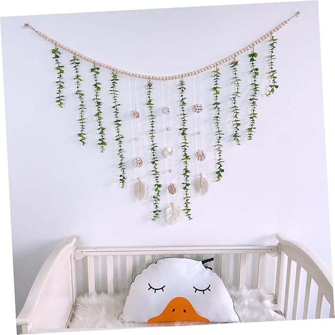 Generic Artificial Eucalyptus Wooden Bead Garland Hanging Vine Wall Decor with Pastoral Style Leaves and Sturdy Beads for Wedding Bedroom Home Decoration