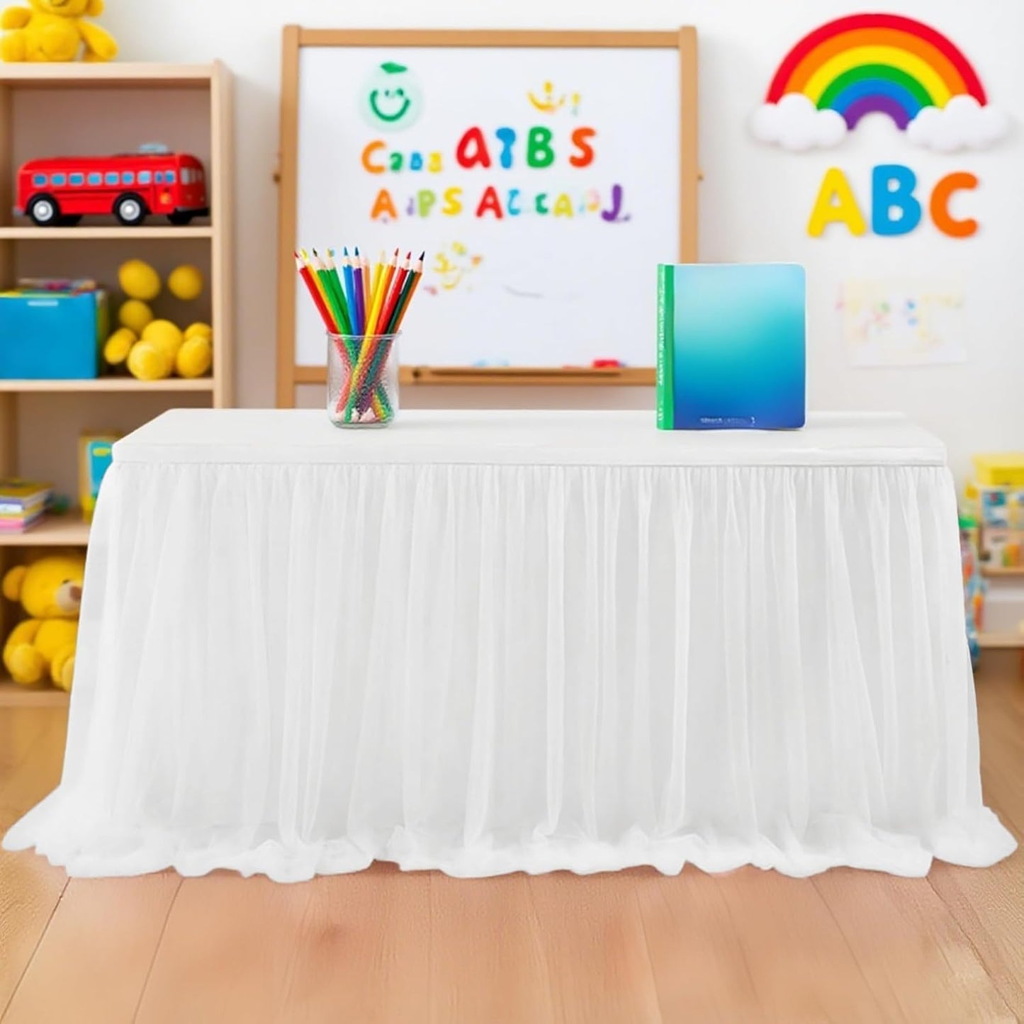 6FT Tulle Table Skirt for Teacher Desk Rectangular Ruffle Table Back to School Supplies for Kindergarten Preschool Middle School Classroom Decor, White
