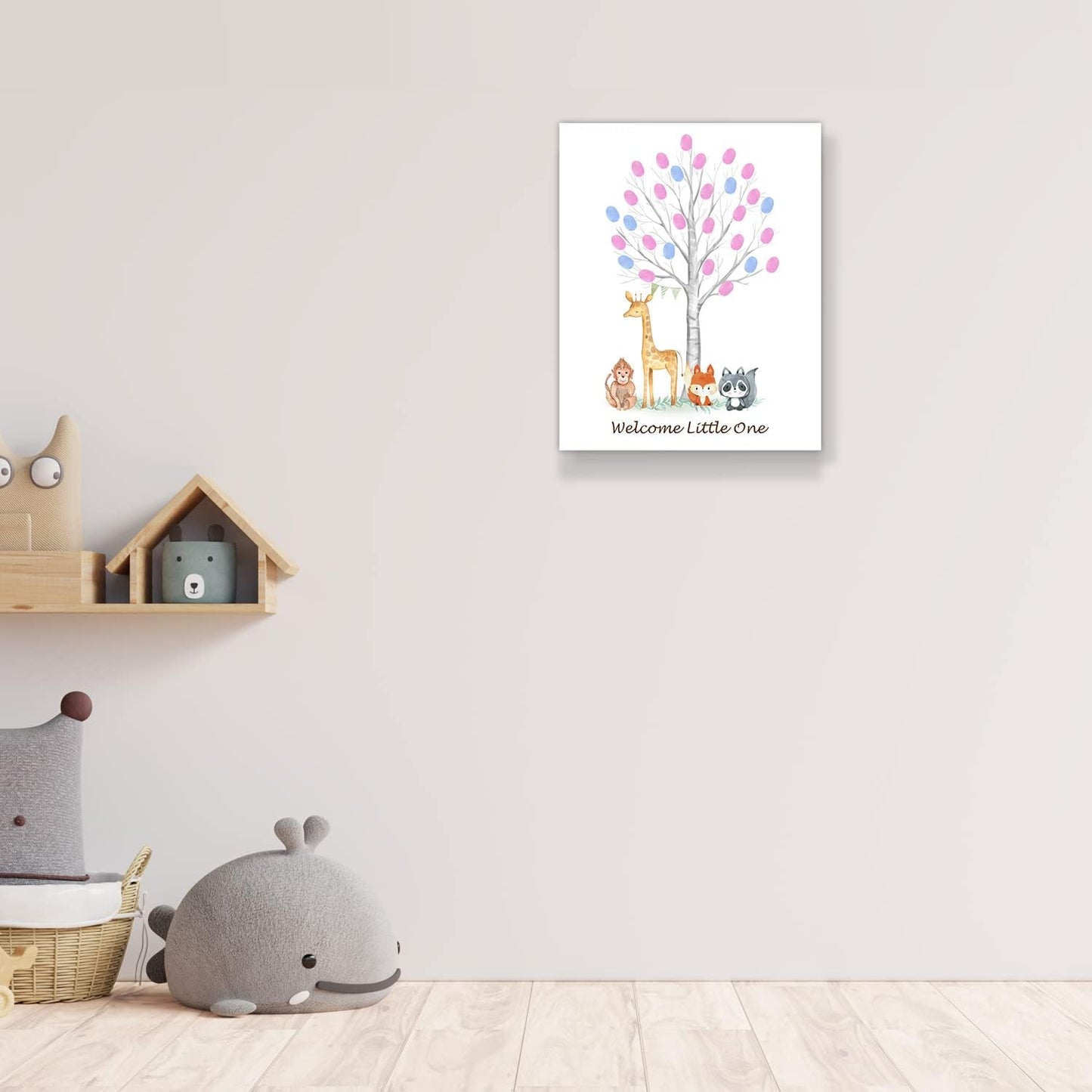 Theme Baby Gender Reveal Fingerprint Tree with Safari Animals, Boy and Girl Gender Guess Game Thumbprint Guest Book Ideas, Woodland Baby Shower Activity Decorations