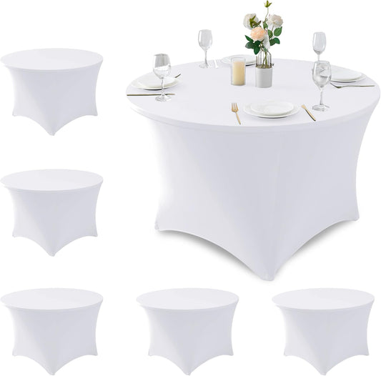Fitted Round Table Covers 5ft-Spandex Elastic Table Cloths 6 Pack 60 Inch-White Small Stretch Folding Tablecloth for Weddings Banquets Restaurant Buffet Event Parties Vendor Stand Tables
