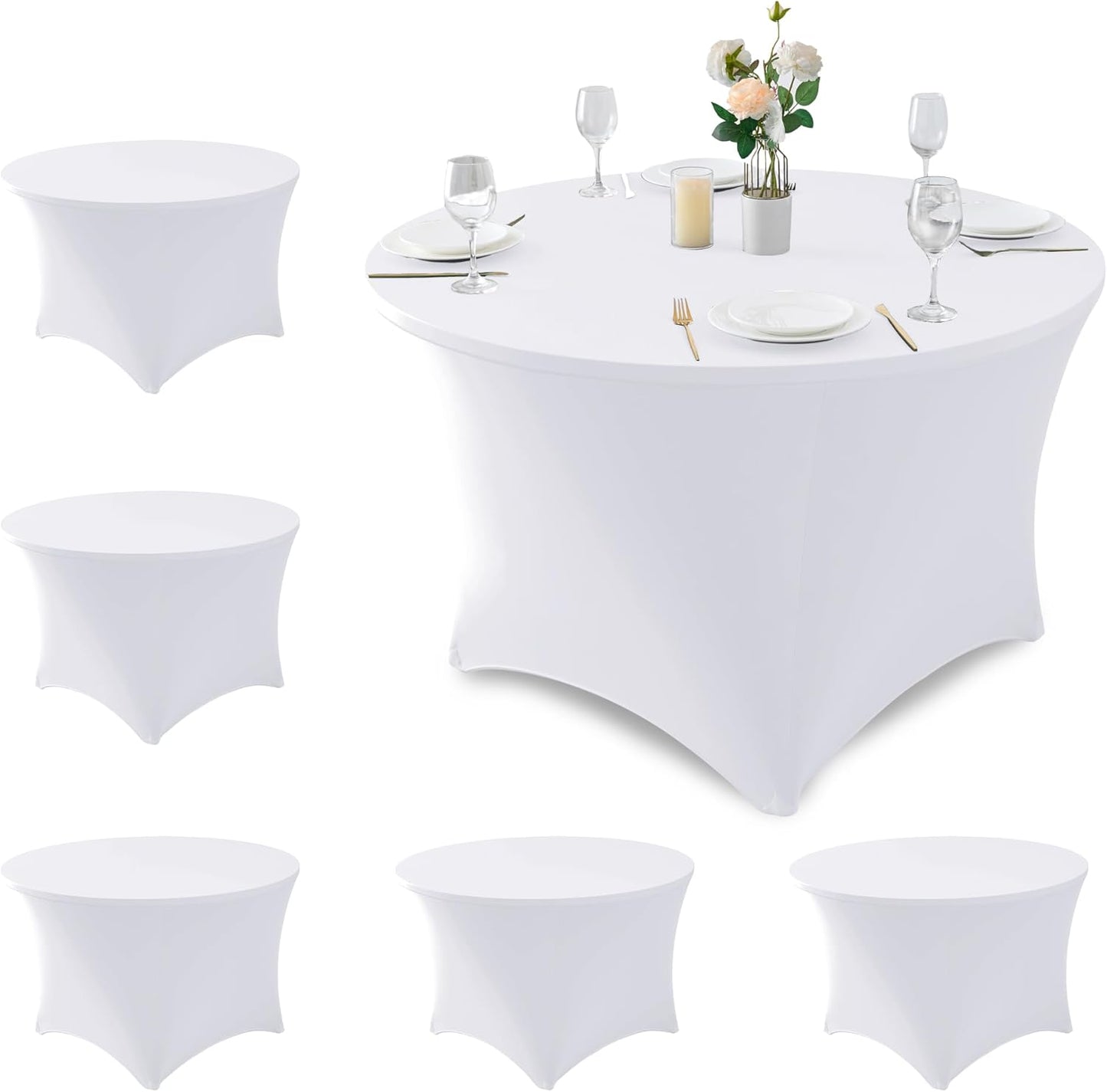 Fitted Table Cloth Round Cover 6ft-Spandex Elastic Table Covers 6 Pack 72 Inch-White Small Stretch Folding Tablecloth for Weddings Banquets Restaurant Event Parties Vendor Stand Tables