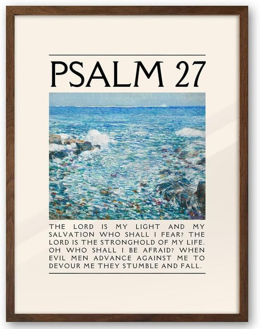 EcoHest Walnut Color OAK Wood Jesus Framed Wall Art, 12x16in Psalm 27 Bible Verse Christian Wall Art, Modern Faith Religious Bedroom Decor For Living Room Bathroom Christian Merch Gift 1Pack