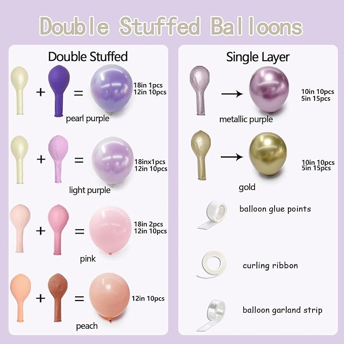 Purple Pink Balloon Arch Lavender Lilac Balloons Double Stuffed Pearl Pink Purple Balloon Garland Kit for Baby Shower Birthday Bridal Wedding Spring Party Decorations