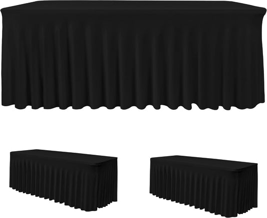HolidayIdeas Black 4ft Rectangle Spandex Tablecloth 2 Pack Fitted Stretch Table Skirts 24x48 Inch, Ruffle Design Wrinkle-Free Polyester Table Cover for Banquets,Trade Shows, Parties, Events