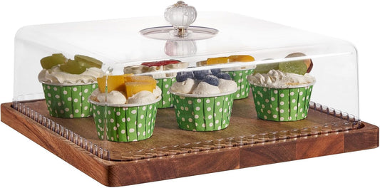 Cake Stand with Lid, 11.6″ Square Small-Sized Cake Holder, Acacia Solid Wood Dessert Table Display Set, Charcuterie Board for Cheese ,Fruit Platter, Large Acrylic Cake Dome Cover