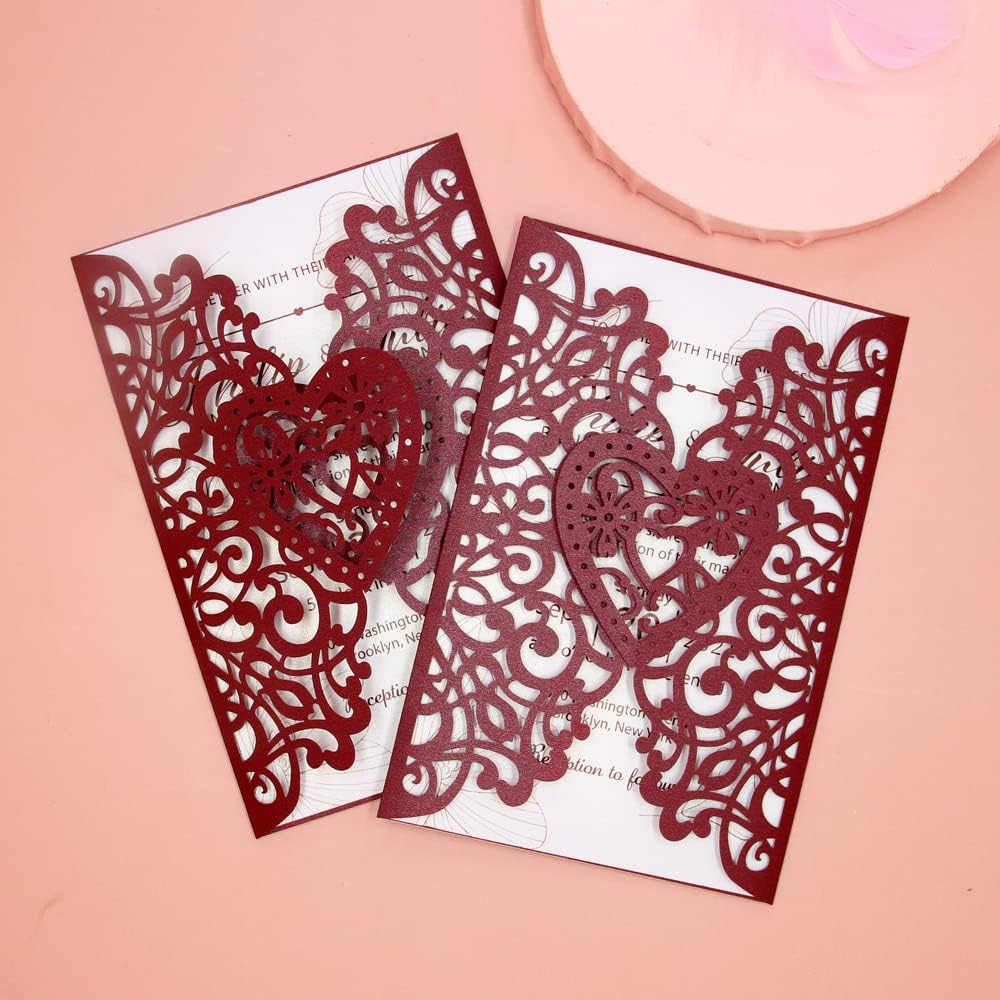 FOMTOR Wedding Invitations Cards Laser Cut Kits 50 Packs Laser Cut Wedding Invitations with Blank Printable Cards and Envelopes for Wedding Birthday Partie Baby Shower (Wine Red)