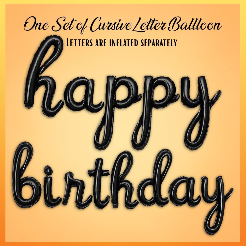 Black Happy Birthday Balloons Banner | Script/Cursive Silver Letter Balloon Sign for Birthday Party Decor/Decoration | Foil Mylar Happy Birthday Banner